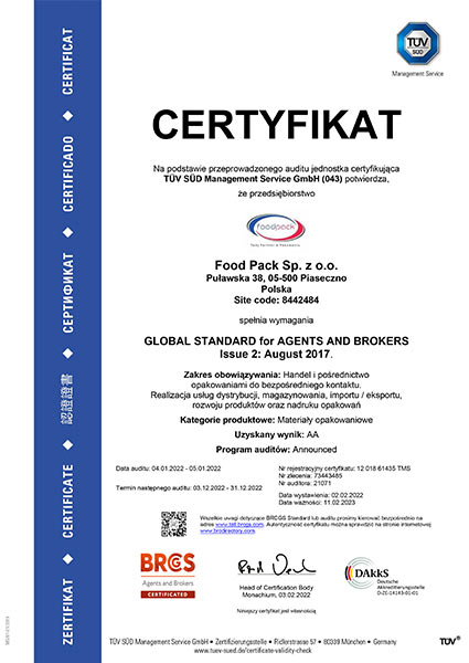 Certyfikat GLOBAL STANDARD for AGENTS AND BROKERS